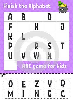 Finish the alphabet. ABC game for kids. Cut and glue. Education developing worksheet. Learning game for kids. Color activity page