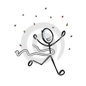 Finish line. Champion win. Sports competition winner. Runner takes first place. Gold medal. Hand drawn. Stickman cartoon. Doodle