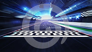 Finish line on the racetrack with spotlights in motion blur