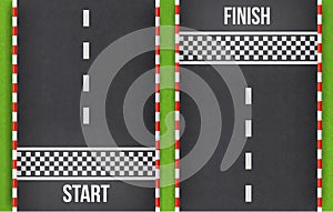 Finish line racing background top view.Start and finish on kart race. Abstract road.Grunge textured on the asphalt road