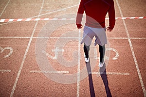 Finish line. Sprinter coming first to finish line