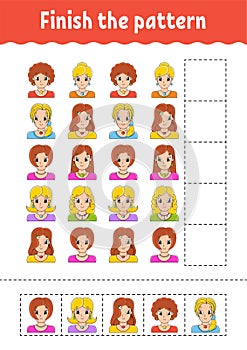Finish the pattern. Cut and play. Education developing worksheet. Activity page. cartoon character. Vector illustration