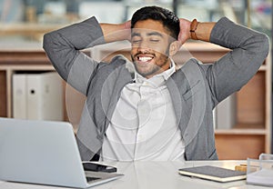 Finish, relax or happy businessman on break in office for task achievement, good news or success. End, laptop or