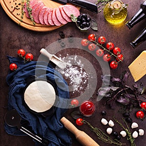 Finished dough and set of products for cooking pizza on work surface