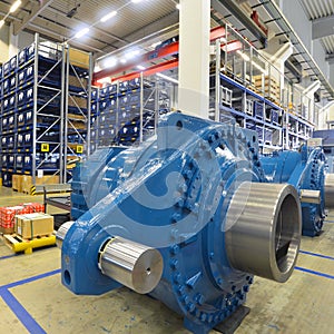 Finished gearboxes for wind turbines in an industrial warehouse