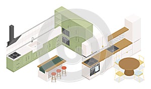 Finished kitchen design - modern vector colorful isometric illustrations set