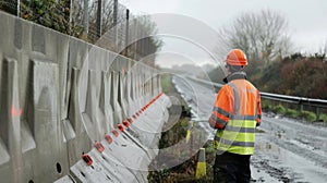 A finished noise barrier being inspected by a supervisor ensuring it is sy and secure for longterm use photo