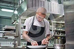 Finishing a dish. Attractive male chef with beautiful tattoos on his arms garnishing his dish on the plate in restaurant