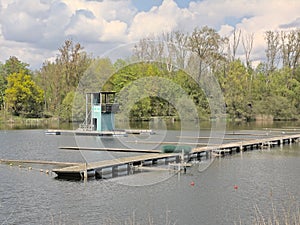 Finishing tower and woden pier of Hazewinkel, rowing and regata couse in the Flemish countryside