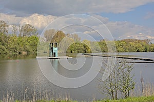 Finishing tower and wooden pier of Hazewinkel, rowing and regata couse in the Flemish countryside photo