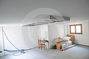 Finishing works in a new house. Suspended Ceilings. Drywall ceiling preparation for led lighting.Suspended Ceilings. Drywall