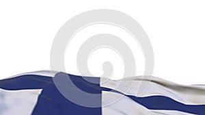 Finland fabric flag waving on the wind loop. Finnish embroidery stiched cloth banner swaying on the breeze. Half-filled white