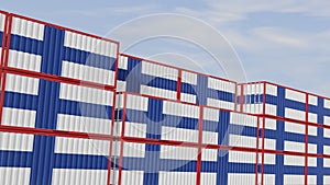 Finland flag containers are located at the container terminal. Concept for Finland import and export 3D