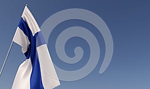 Finland flag on flagpole on blue background. Place for text. The flag is unfurling in wind. Finnish, Helsinki. Europe. 3D