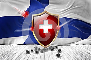 Finland flag with Metal Shiny red shield. virus protection, hygiene shield. virus Vaccine Protection aganst coronavirus, Health