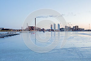 Finland, Helsinki, March 3, 2021.     Dawn, Spring panorama of Helsinki, view of the Katajanokka and Krununhakka districts in the