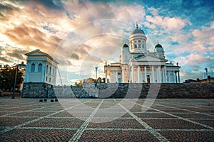 Finland, Helsinki, view of the Cathedral and Senate Square at sunset. Beautiful city landscape