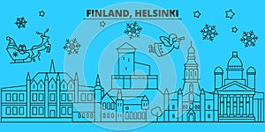 Finland, Helsinki winter holidays skyline. Merry Christmas, Happy New Year decorated banner with Santa Claus.Finland