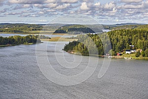 Finland landscape. Lake and forest. Aland islands. Nature background