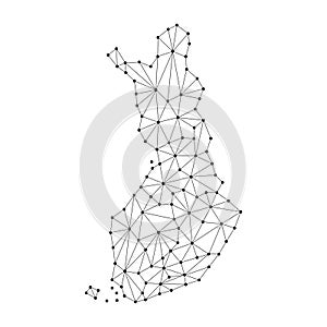 Finland map of polygonal mosaic lines network, rays, dots vector illustration.