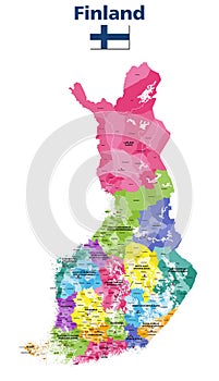 Finland municipalities vector map colored by regions