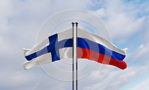 Finland and Russia flags. Blue sky and flag Finland and Russia. 3D work and 3D image