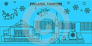 Finland, Tampere winter holidays skyline. Merry Christmas, Happy New Year decorated banner with Santa Claus.Finland