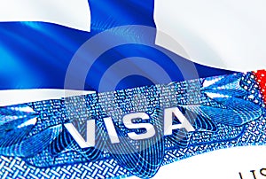 Finland Visa. Travel to Finland focusing on word VISA, 3D rendering. Finland immigrate concept with visa in passport. Finland