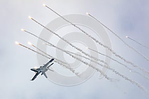 Finnish Air Force Boeing F-18 Hornet fighter jet plane flying. Aviation and military aircraft.