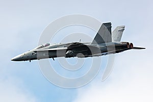 Finnish Air Force Boeing F-18 Hornet fighter jet plane flying. Aviation and military aircraft.