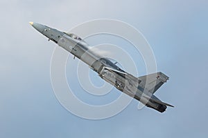 Finnish Air Force Boeing F-18 Hornet fighter jet plane flying. Aviation and military aircraft.