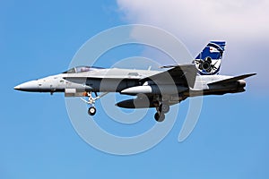 Finnish Air Force Boeing F-18 Hornet fighter jet plane flying. Aviation and military aircraft.