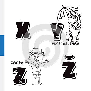 Finnish alphabet. Unicorn, Sambo. Vector letters and characters.