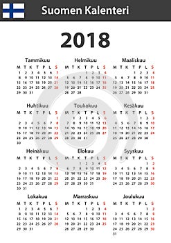 Finnish Calendar for 2018. Scheduler, agenda or diary template. Week starts on Monday