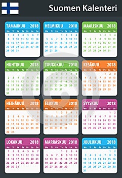 Finnish Calendar for 2018. Scheduler, agenda or diary template. Week starts on Monday