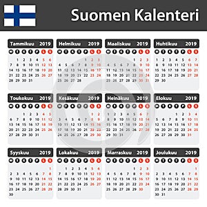 Finnish Calendar for 2019. Scheduler, agenda or diary template. Week starts on Monday