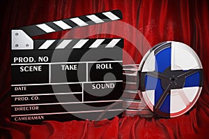 Finnish cinematography, film industry, cinema in Finland. Clapperboard with and film reels on the red fabric, 3D rendering