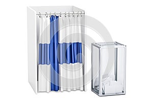 Finnish election concept, ballot box and voting booths with flag