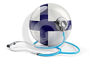 Finnish flag with stethoscope. Health care in Finland concept, 3D rendering