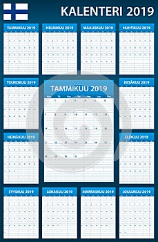 Finnish Planner blank for 2019. Scheduler, agenda or diary template. Week starts on Monday