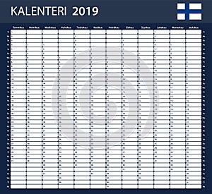 Finnish Planner blank for 2019. Scheduler, agenda or diary template. Week starts on Monday