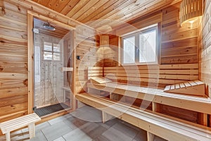 Finnish Sauna Interior, Traditional Scandinavian Bathhouse, Beautiful Light Wooden Sauna SPA