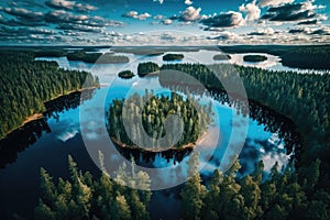 Finnish scenery captured by drone flight over lakes and forests