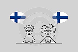 finnish speakers, cartoon boy and girl with speech bubbles in Finland flag colors, learning francais language vector