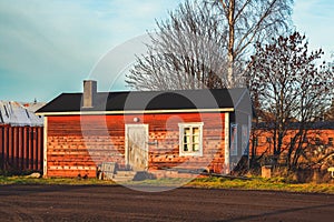 Finnish wooden house at sunset