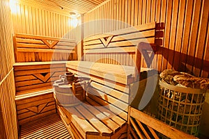 Finnish wooden modern empty sauna interior