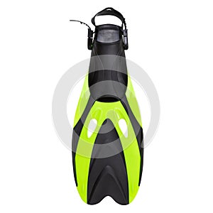Fins for diving or snorkeling, yellow-black, on a white background
