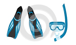 Fins and a mask with a snorkel for snorkeling and diving. Equipment for summer entertainment in . Flat color vector illustration.