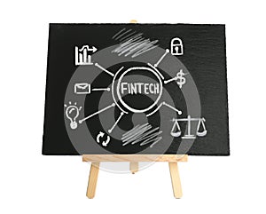 Fintech concept. Scheme with drawings and chalk on blackboard, background