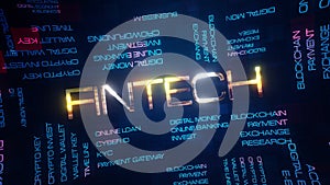 Fintech financial technology animated word cloud, text design animation. 4K 3D rendering kinetic typography.